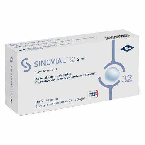 Siringa intra-articolare sinovial 32 acido ialuronico 1,6% 32 mg/2 ml 1 fs + ago gauge 21 3 pezzi