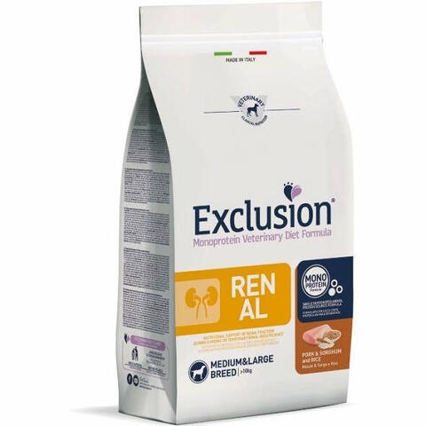 Exclusion monoprotein veterinary diet formula dog renal pork & sorghum and rice medium/large 12 kg dry